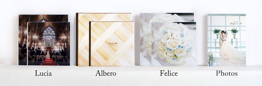サイズのイメージ 結婚式アルバムの表紙の写真です。「ルチア」「アルベロ」「フェリーチェ」「フォトズ」の4種類のアルバムを各サイズからお選び頂けます。